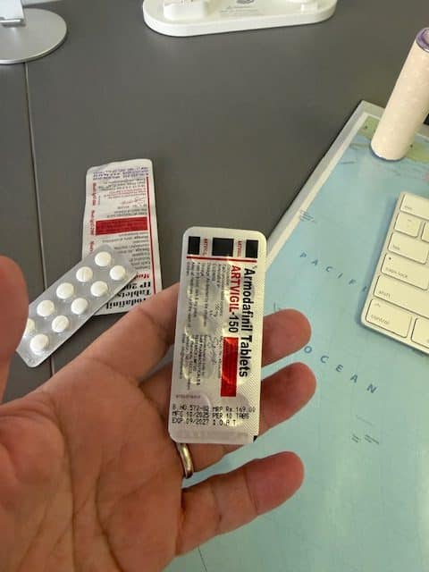 Artvigil 150mg blister pack received by tracked domestic shipping, photographed April 2026