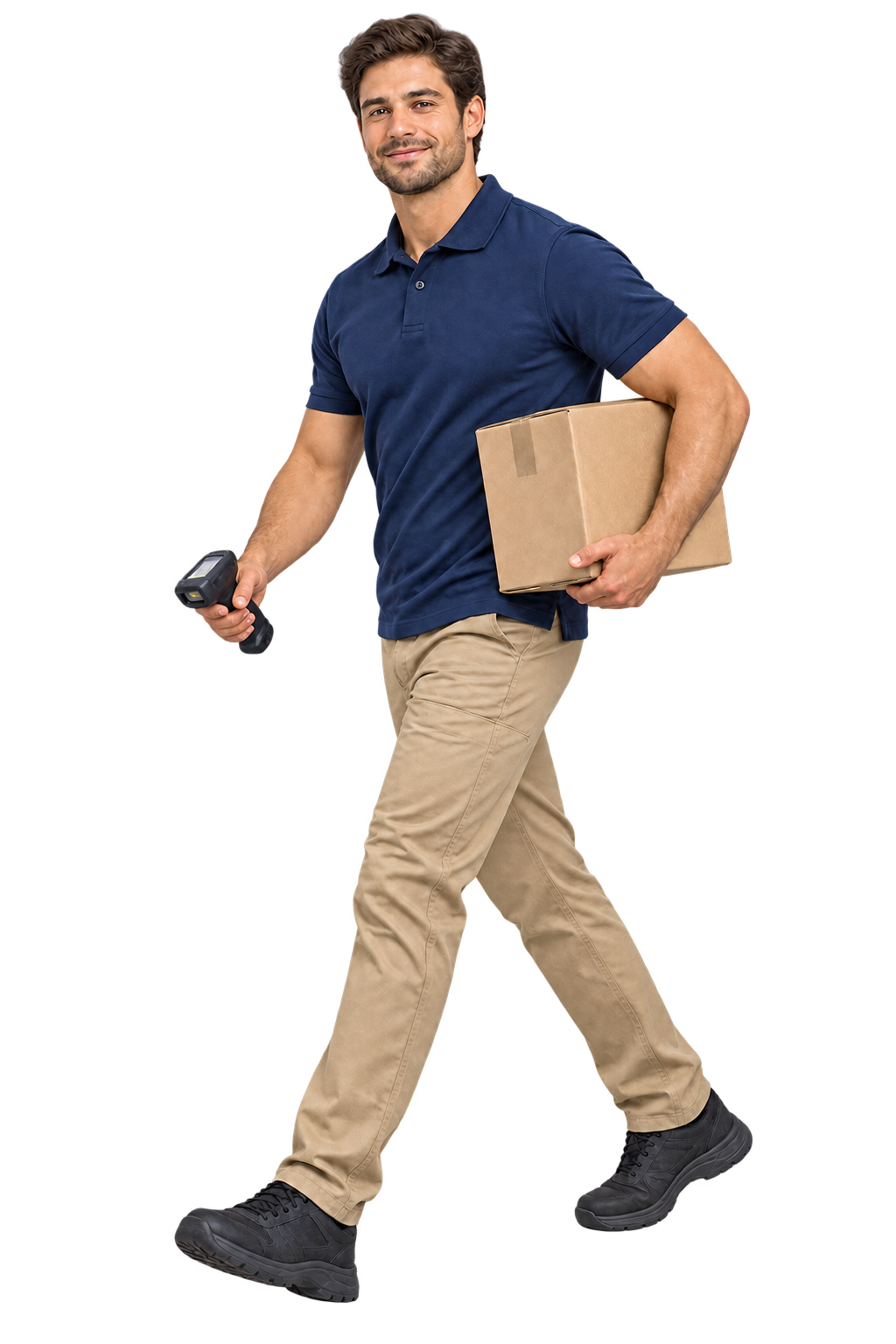 Courier carrying a discreet parcel and tracking scanner