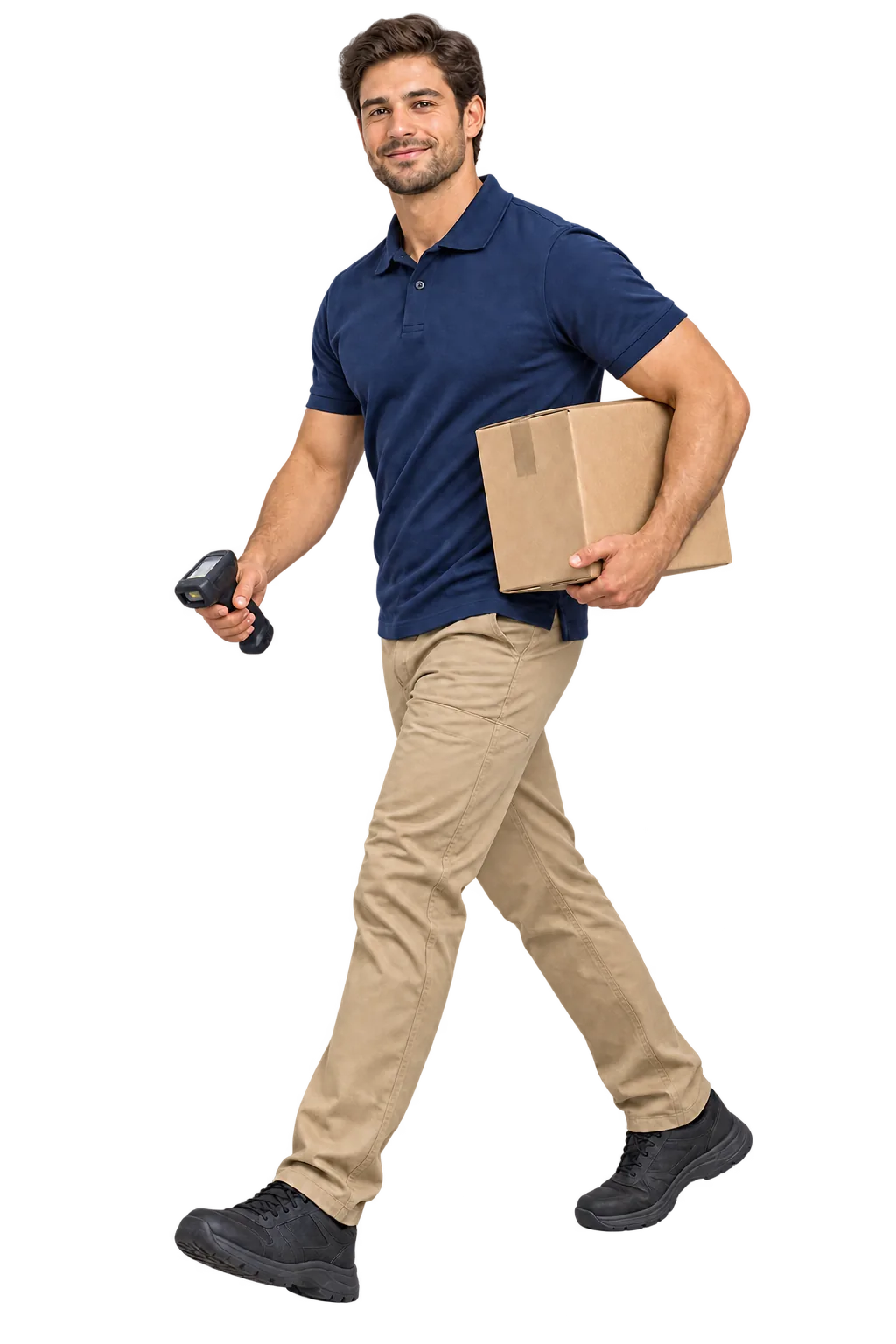 Courier carrying a discreet parcel and tracking scanner