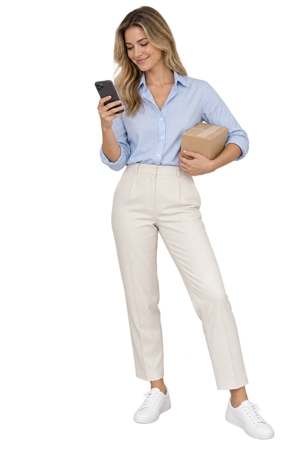 Woman checking her phone while holding a discreet parcel