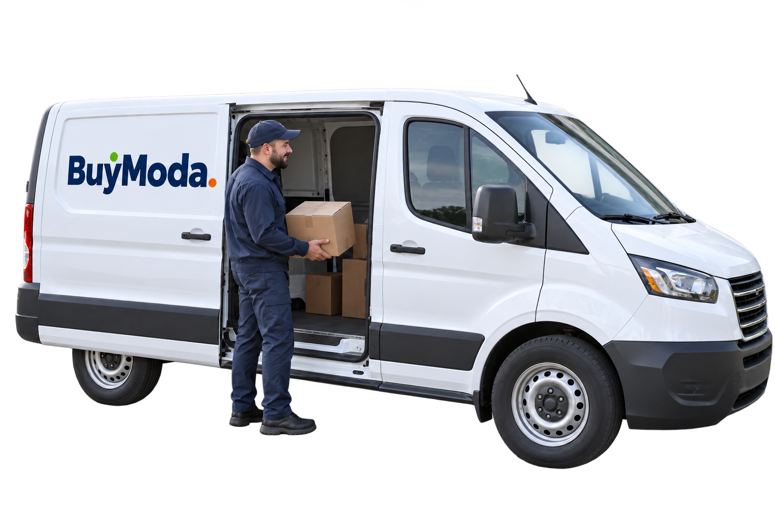 Illustrative BuyModa-branded delivery van and mail carrier holding a parcel