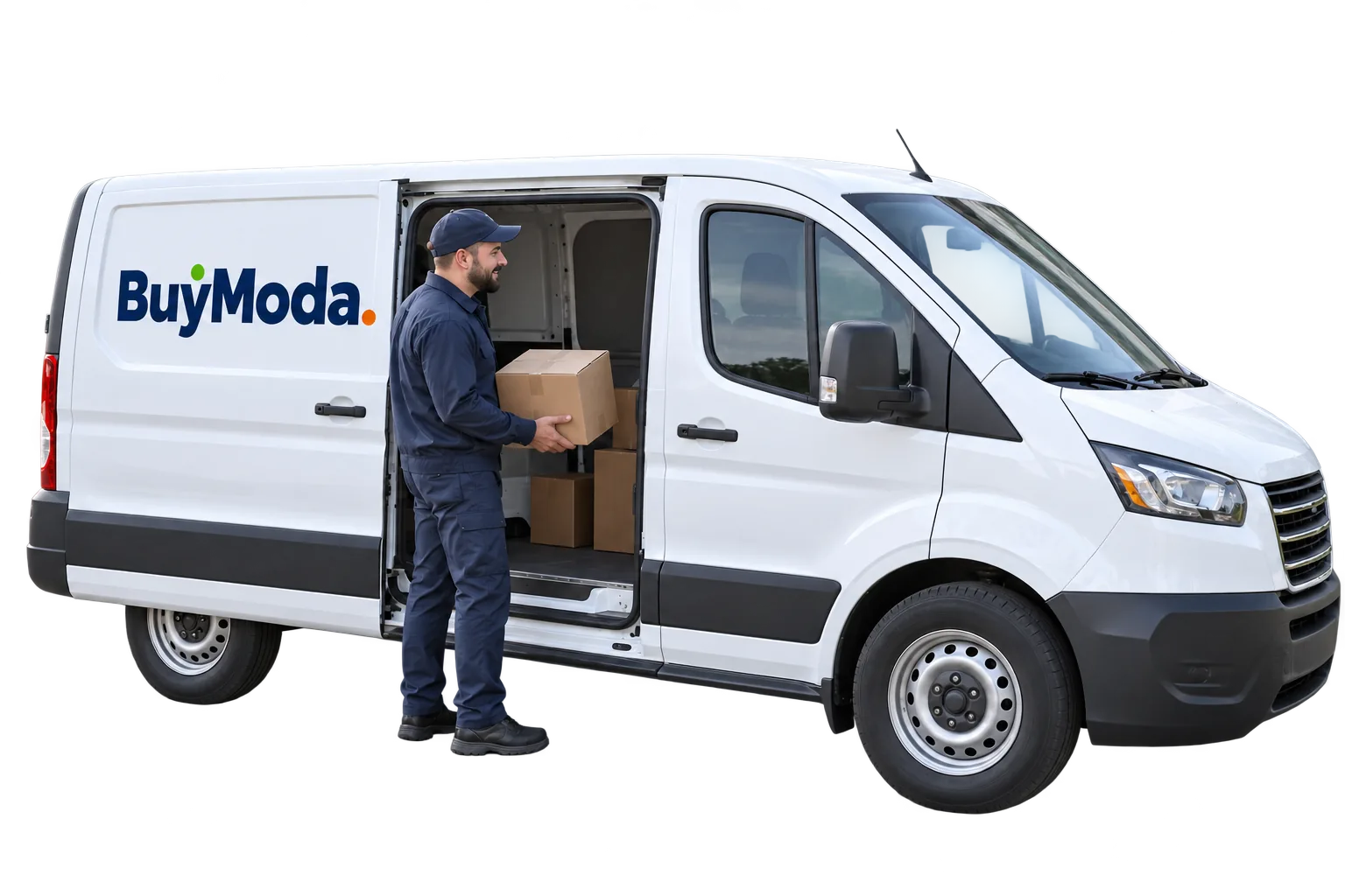 Illustrative BuyModa-branded delivery van and mail carrier holding a parcel