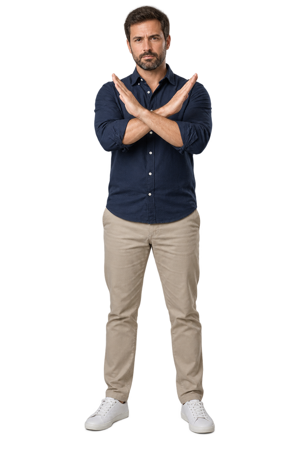 Man crossing his forearms to signal closed